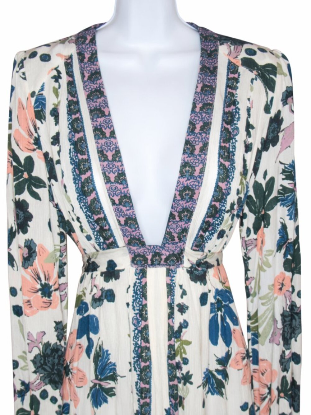 NWT Free People Ivory Floral Border Print Deep V Mini Dress | Size 2 - Picture 4 of 11